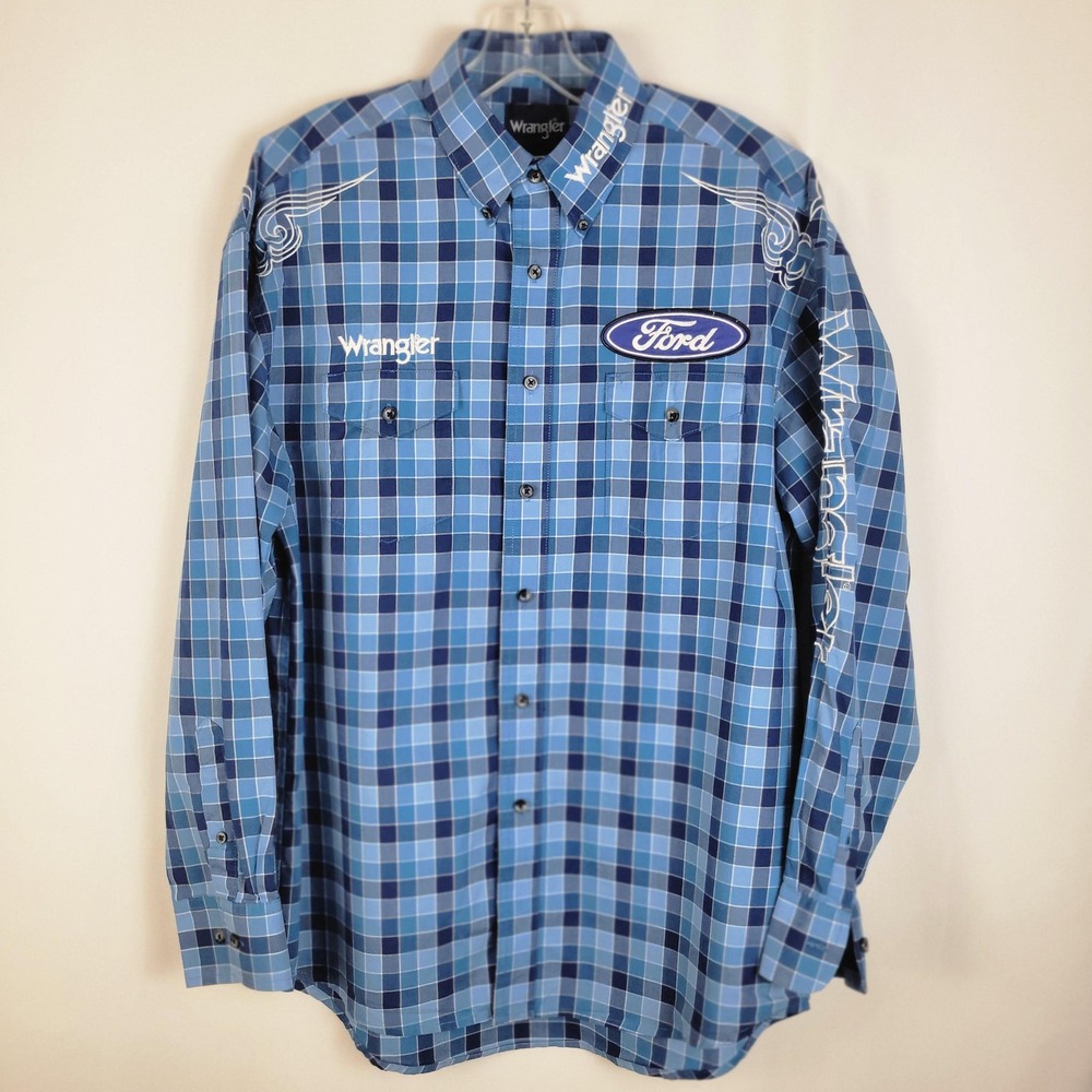 Wrangler x Ford Western Shirt Men Large Blue Plaid‎ Long Sleeve Button Down Logo